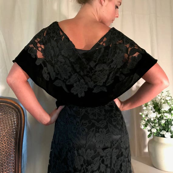 Art Deco 1930s Black Lace Velvet Dress, Floral Lac