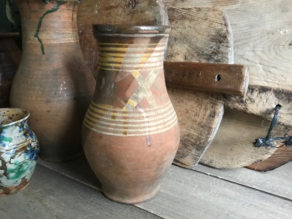 Antique Pottery Vase, Rustic Terra Cotta, Hand Thrown, Hand Painted, 19th C, Rustic French Farmhouse, Farm Table