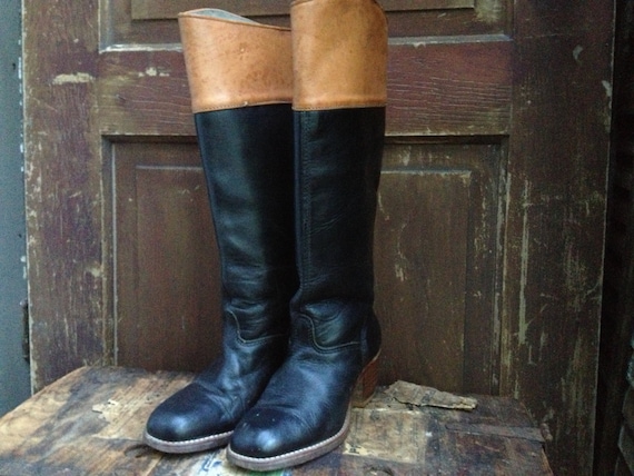 80s Leather Riding Boots Two Tone Black 