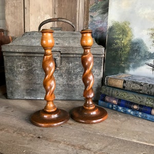 English Oak Barley Twist Candlesticks, 9 inch, Rustic Wood Candle Holders, Edwardian Era, Pair, Set of 2 image 1