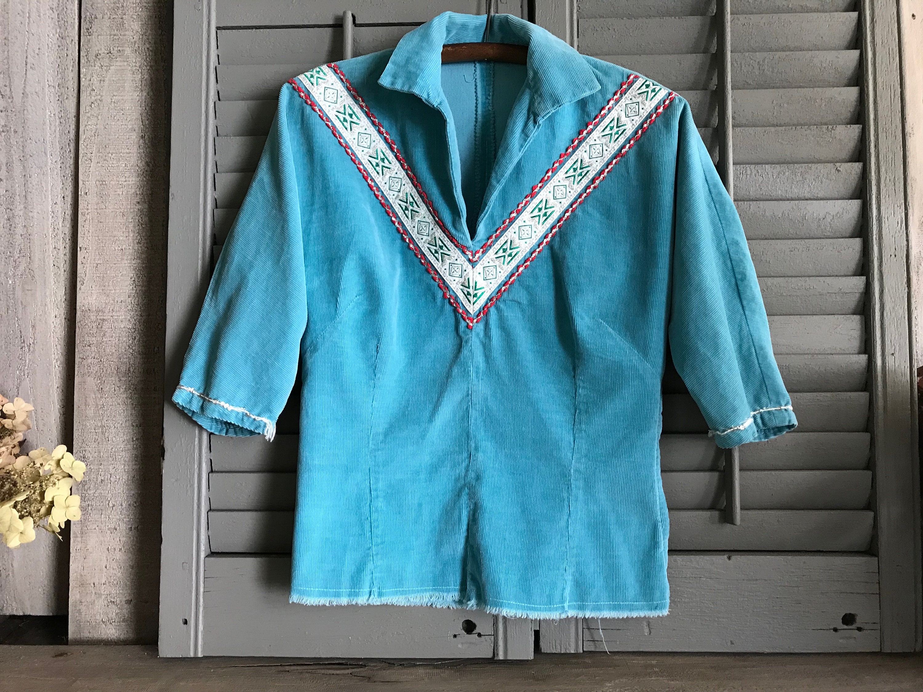 Zuidwestelijk jaren 50 Kleding Dameskleding Tops & T-shirts Blouses Turquoise Corduroy Shirt jaren 1940 California Western Style 