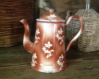 Chippy French Enamel Coffee Pot Rustic Floral French Farmhouse