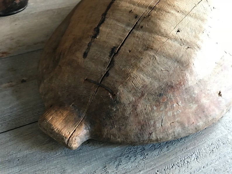 Antique Handcarved Wood Bowl, Primitive, Repair, Trencher, Cheese Trough, Dough Proofing Bowl, Rustic Farm Table, European Farmhouse Decor image 10