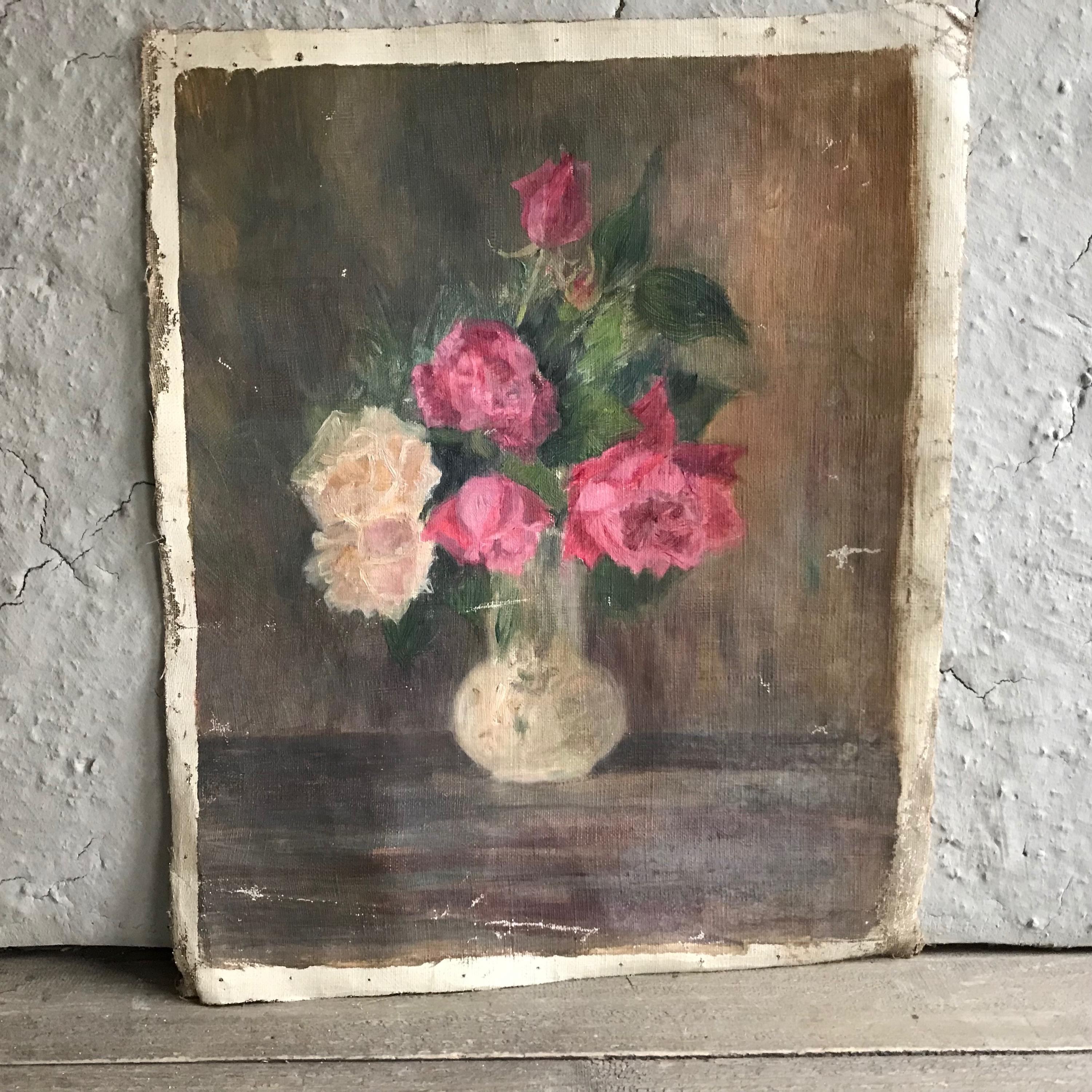 アンティーク フランス花油絵、花瓶のバラの花、ピンクのバラ、静物画