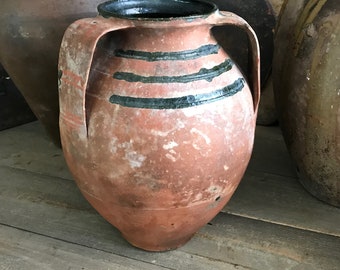 19th C Pottery Jug, Olive Jar, Redware Slip, Rustic Stoneware, Terra Cotta, Vase, Urn, Rustic European Farmhouse, Farm Table