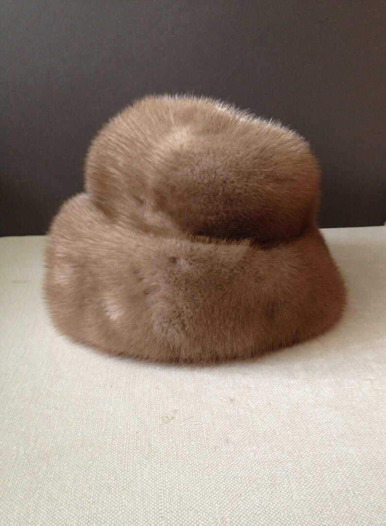 May include: A brown fur hat with a wide brim. The hat is made of soft, fluffy fur and has a simple, classic design.