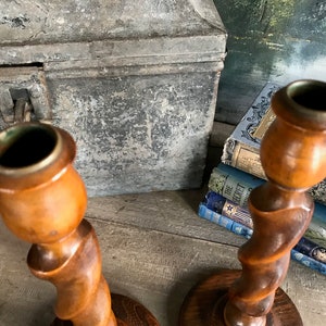 English Oak Barley Twist Candlesticks, 9 inch, Rustic Wood Candle Holders, Edwardian Era, Pair, Set of 2 image 5