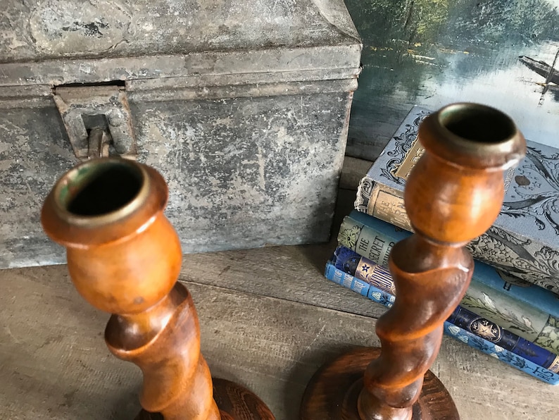 English Oak Barley Twist Candlesticks, 9 inch, Rustic Wood Candle Holders, Edwardian Era, Pair, Set of 2 image 5