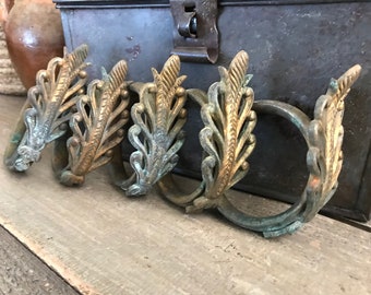 French Gilt Curtain Rings, Brass, Bronze, Set of 5, French Chateau Decor