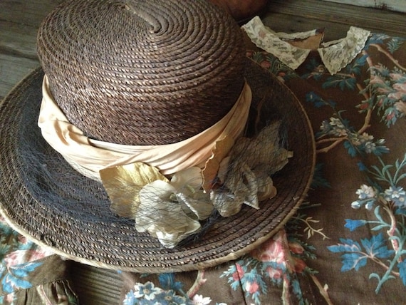 Edwardian Straw Boater Hat Antique Silk Flowers Do