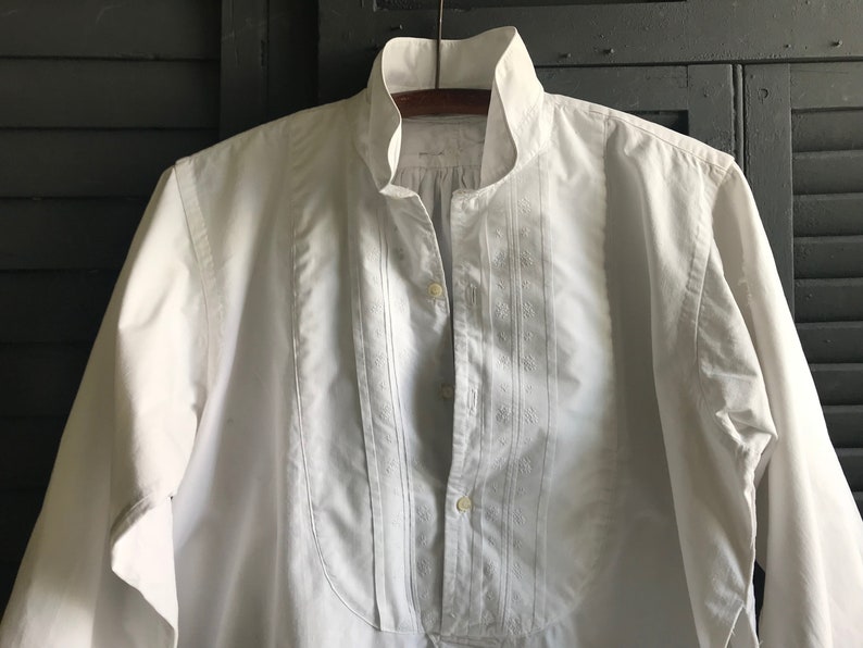 French Mens Dress Shirt, Embroidery Work, White, Edwardian Period Clothing, Damages image 1
