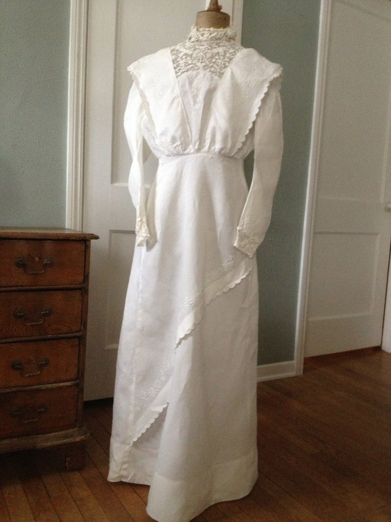 Cotton Lace Tea Dress, Antique Victorian Irish Crochet, White Cotton Linen Summer Day, Hand Embroidered image 1