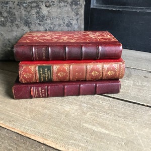 May include: A stack of three antique books with burgundy leather covers. The top book has a marbled design, while the middle book features gold floral accents and the text "CONQUEST OF ENGLAND". The bottom book has the text "LA FLECHE D'OR".
