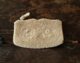 Bolsa de cuentas de marfil hecha a mano, monedero de monedas de noche, clutch pequeño, bolso japonés de la década de 1950