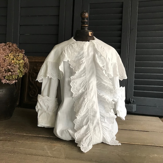 19th C Chemise Boys Ruffle Shirt Lace Hand Sewn Re
