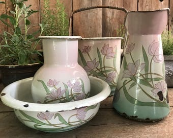 Antique French Enamel Set, Wash Bowl, Pitcher, Bucket and Jug, Soft Pastel Dusty Rose Pink Art Nouveau Florals, French Farmhouse