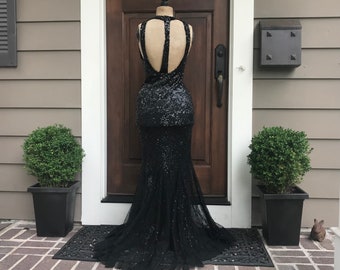 1920s Tulle Lace Dress, Black Sequins, Formal Dress, Mermaid Evening Gown, Formal Attire, Period Clothing Dress