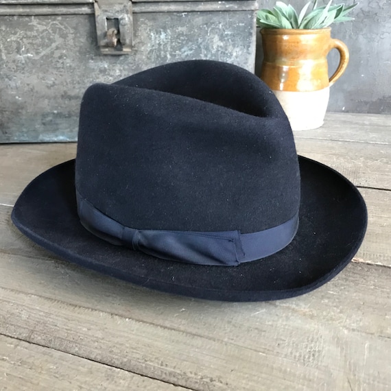Paris 1910s Black Fedora Hat, Homburg, Gentlemans, Felted Wool