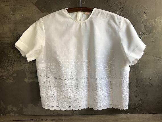 1960s Cotton Blouse, Embroidery, Eyelet Lace, Summ
