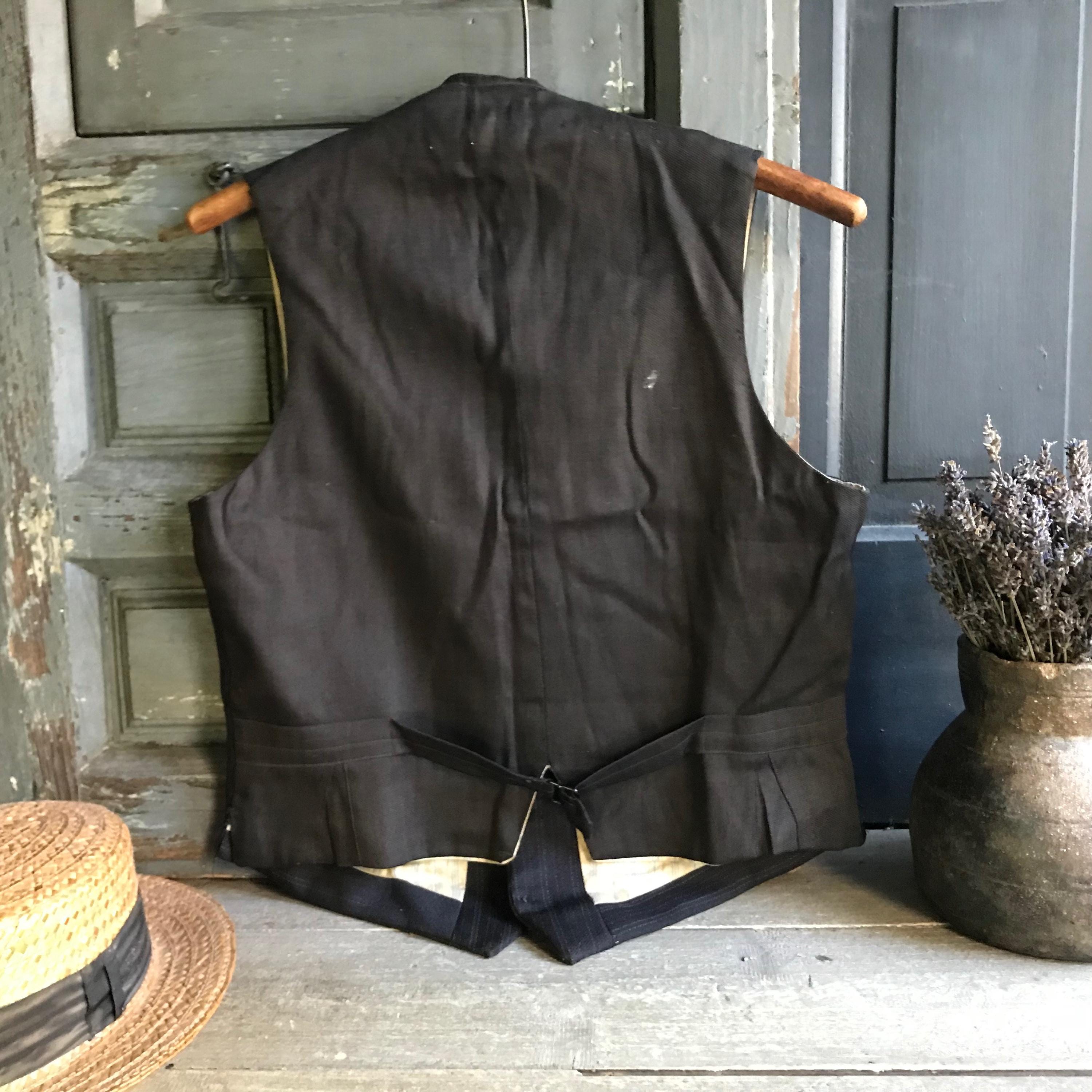 French Brown Wool Gilet Waistcoat, Striped Cotton Lined, Belted