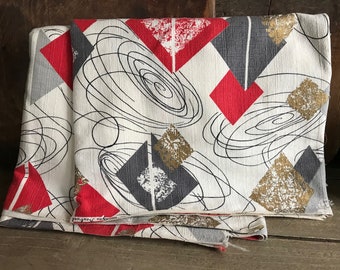 Mid Century Barkcloth Fabric, Abstract, Red, Black, Gray, Gold, Drapery Curtain, Fabric, Upholstery Fabric