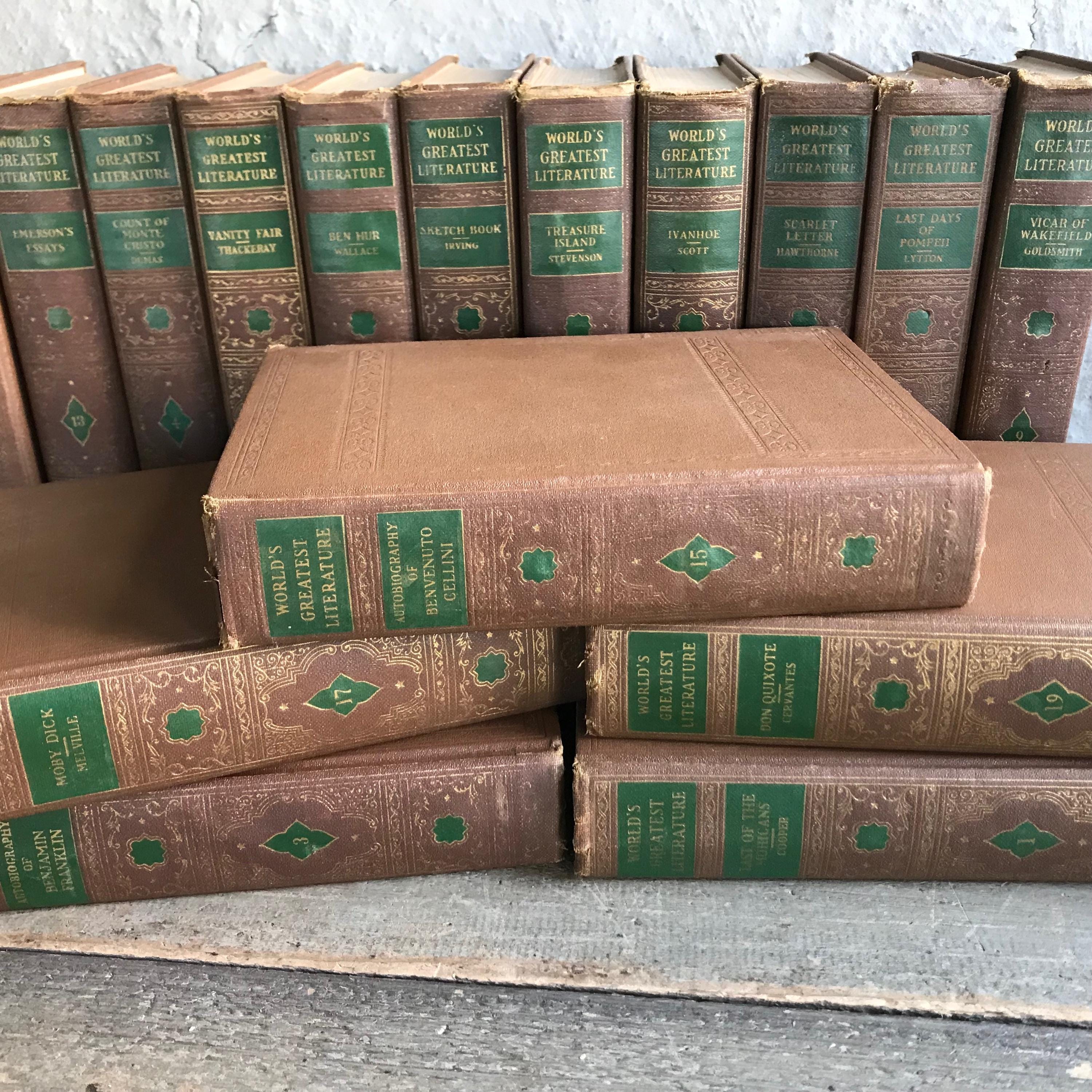 1930s Worlds Greatest Literature, Linen Book Set of 16, Stacking, Library Decor