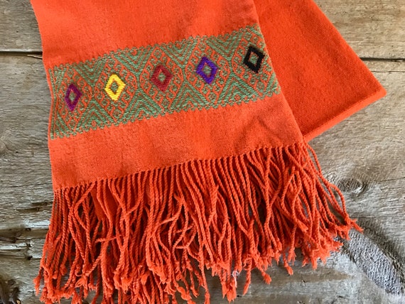 Orange Embroidered Wool Scarf, Shawl, Wrap, Artisan Textile, Table Runner