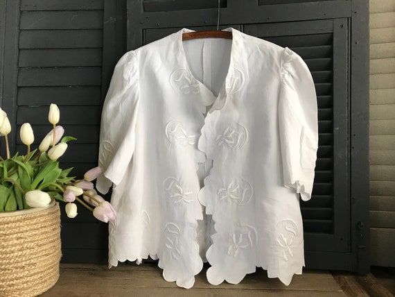 Antique French Linen Jacket, Heirloom Hand Embroi… - image 3
