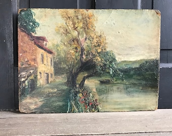 Antique French Oil Painting, French Pastoral Landscape Scene, On Board, French Farmhouse