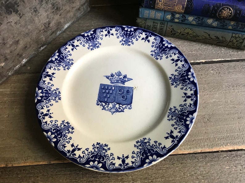 French Faïence Plate, Indigo Floral Ironstone, Rouen, Coat of Arms French Chateau, Farmhouse, Farm Table image 7