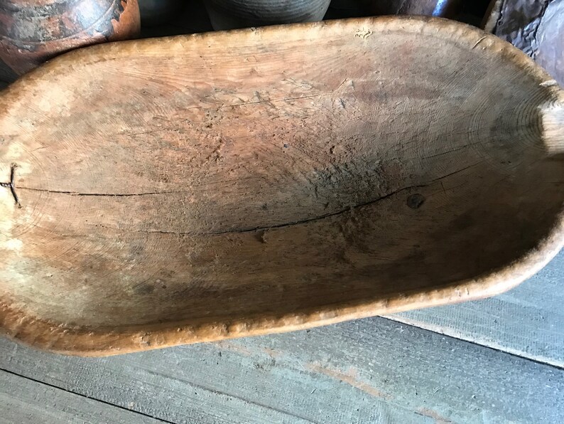 Antique Handcarved Wood Bowl, Primitive, Repair, Trencher, Cheese Trough, Dough Proofing Bowl, Rustic Farm Table, European Farmhouse Decor image 7