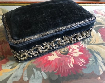 French Velvet Silver Boudoir Box, Silk Interior, Dresser, Jewelry Case,