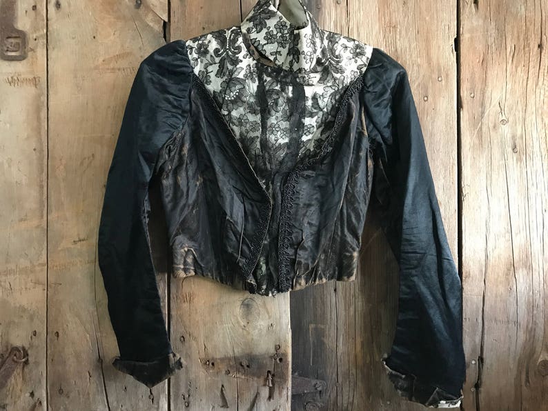 Antique Black Jacket, Victorian Steampunk, 1800s Silk and Lace Bodice image 5