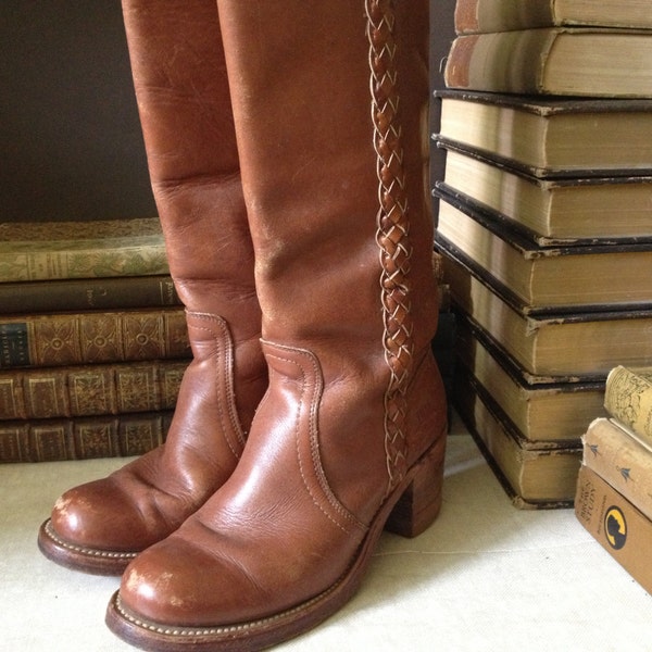 Brown Leather Frye Boots, Braided, Sienna Brown Leather Campus Boots Size 6 US