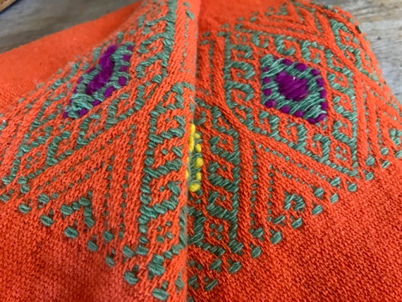 Orange Embroidered Wool Scarf, Shawl, Wrap, Artisan Textile, Table Runner View 5