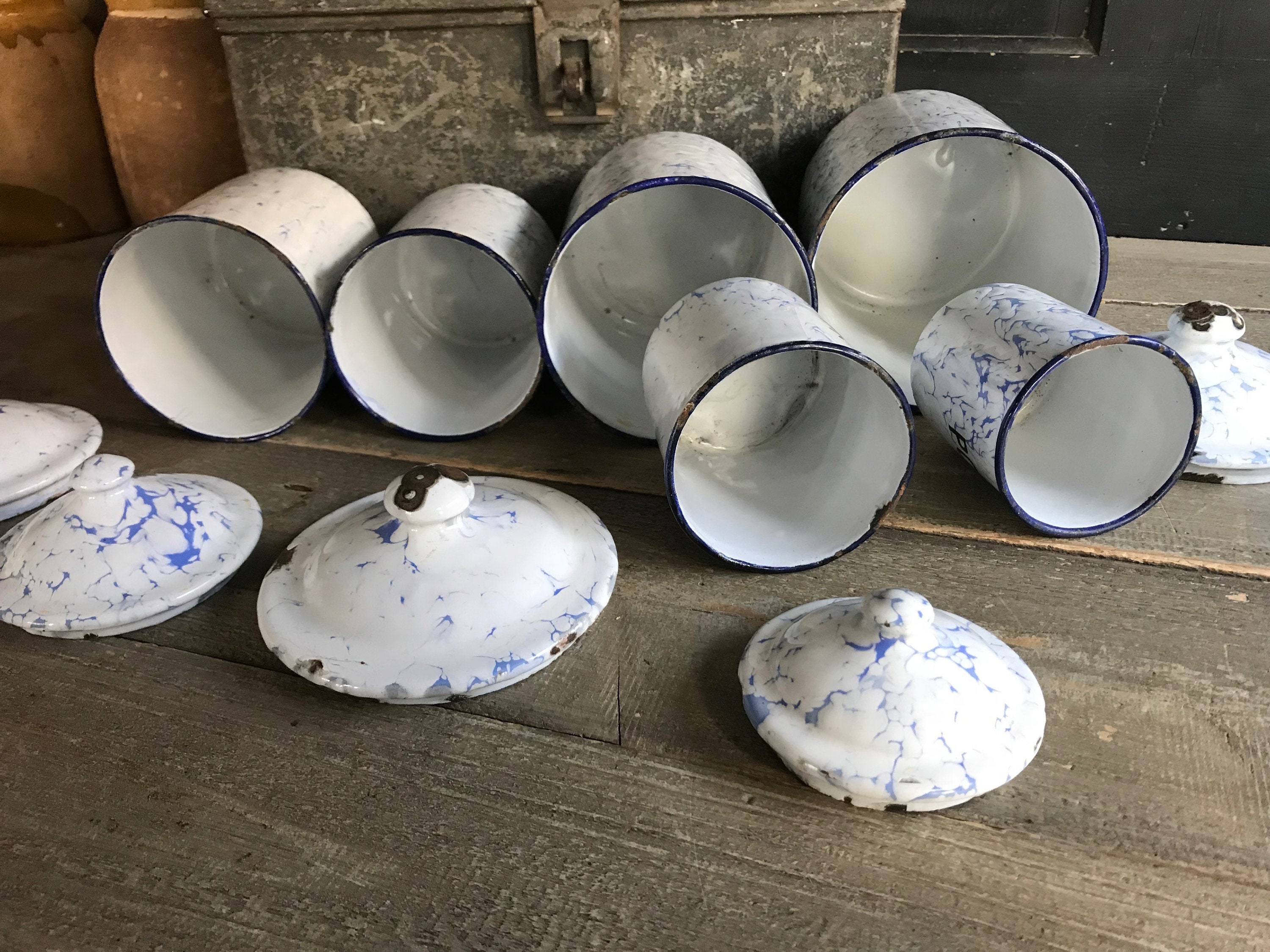 French Enamel Canister Set of 6, Pale Blue Marbled Enamelware