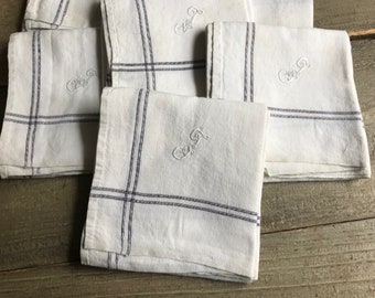 French Monogrammed Handkerchief, White, Faded Indigo Blue Stripe, Set of 6
