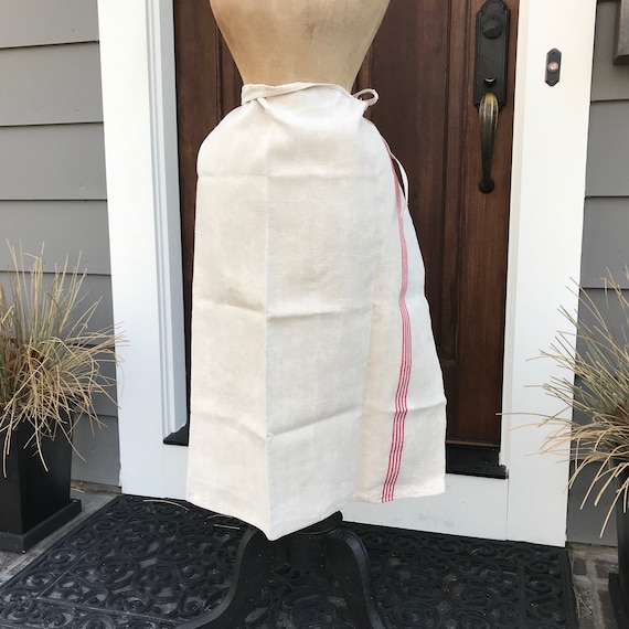 French Linen Chefs Apron, Waist Length, Wrap Around, Red Stripe, Bakers, Chef, Chore Apron, Monogrammed, Waist Ties View 2