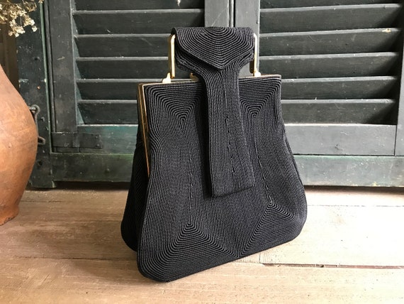 1940s Classic Black Handbag, Cotton Brocade Dress