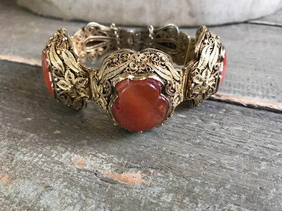 Large Chinese Gilt Silver Carnelian Bracelet, Ear… - image 5