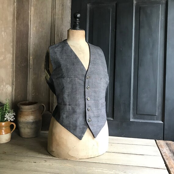 French Wool Tweed Waistcoat, Black, Gents Vest, B… - image 3