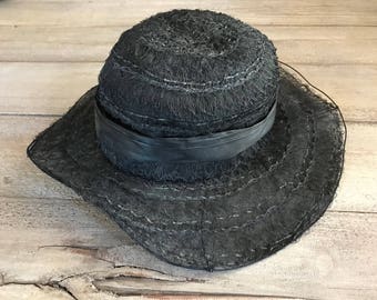 Sombrero de encaje negro victoriano, cableado, forrado de seda, trajes de época, sombrerería