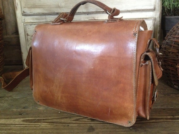 Rustic Brown Leather Briefcase School Satchel Mes… - image 4