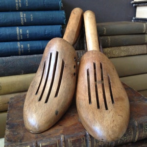 May include: Two wooden shoe trees with slotted fronts, resting on a stack of antique books. The shoe trees are light brown with a smooth finish. The books have aged covers in shades of blue, green, and brown.