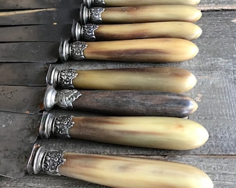 French Horn Handle Knife Set, Marked Paris, Silver Plate, Boxed Set of 12, Carbon Steel, Chateau Decor, Farmhouse Decor
