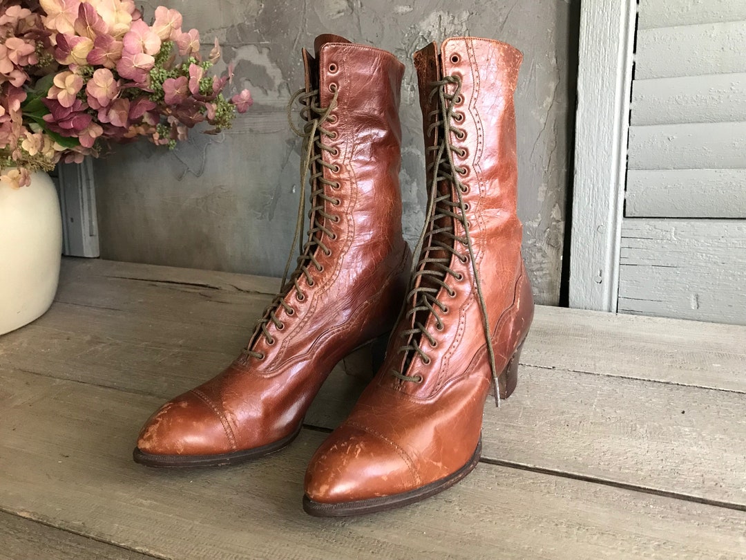 Antique Lace up Boots 1900s Edwardian Victorian Brown Leather High Laced Boots Etsy Canada
