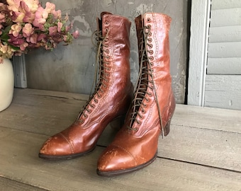 Antique Lace up Boots 1900s Edwardian Victorian Brown Leather High Laced Boots Etsy UK