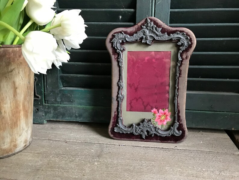 French Keepsake Picture Photo Frame, Velvet Metal Frame, Watered Silk, Floral Embroidery Appliqué image 2