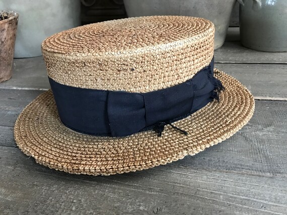 French Straw Boater Hat Antique Black 