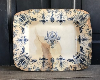 Early 19th C Indigo Floral Platter, Gien Faïence, Green Man, Rustic French Farmhouse, Farm Table, Staple Repairs